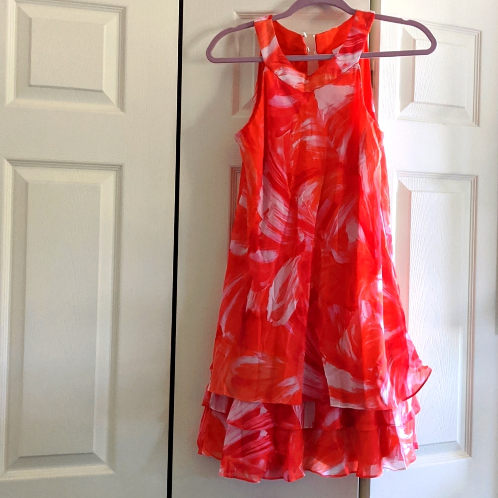 Studio One Vintage Sleeveless Chiffon Tiered Orange, Fuschia and White Dress